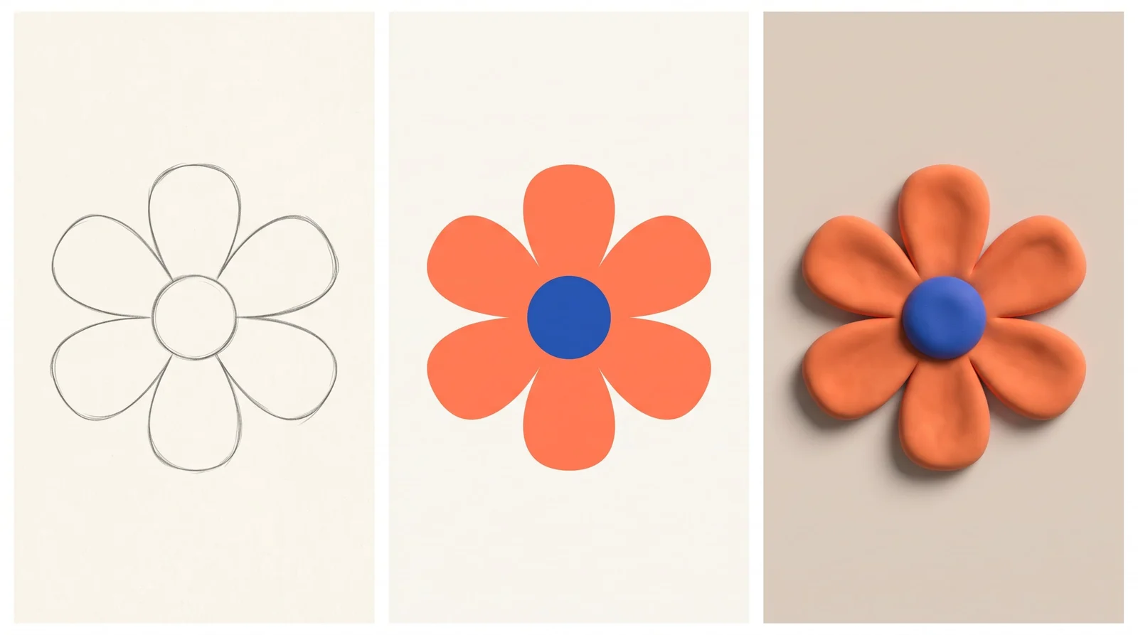 A flower asset evolving from an outline through flat color to a dimensional render