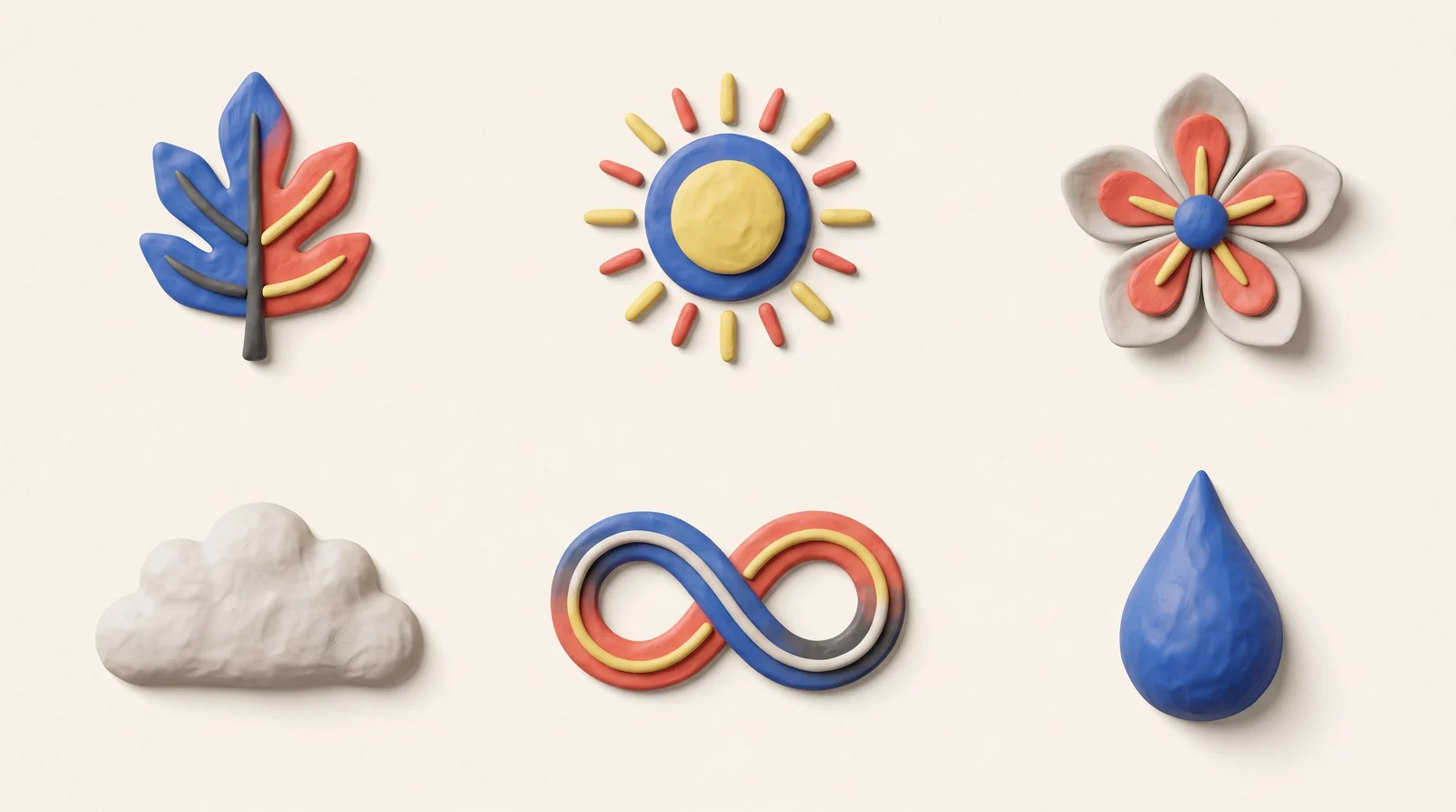 Six coordinated clay-style illustrations for a consistent product design