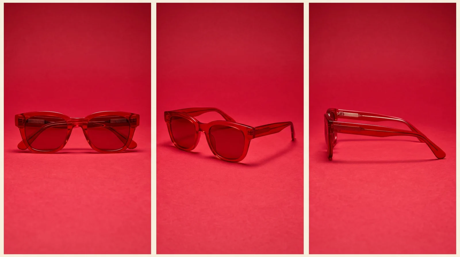 Three consistent views of sculptural red sunglasses