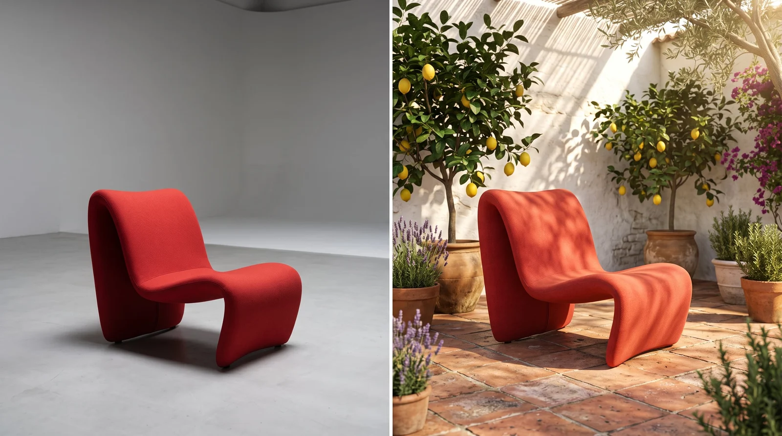 The same red lounge chair in a studio and a sunlit courtyard