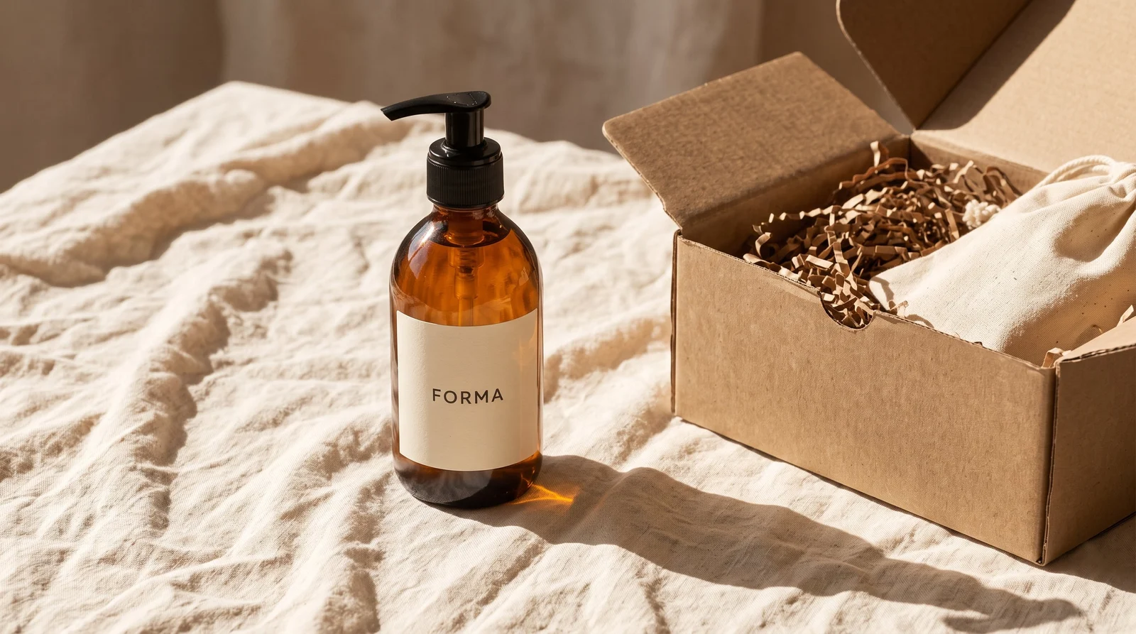 An amber skincare bottle mockup with cotton and kraft packaging