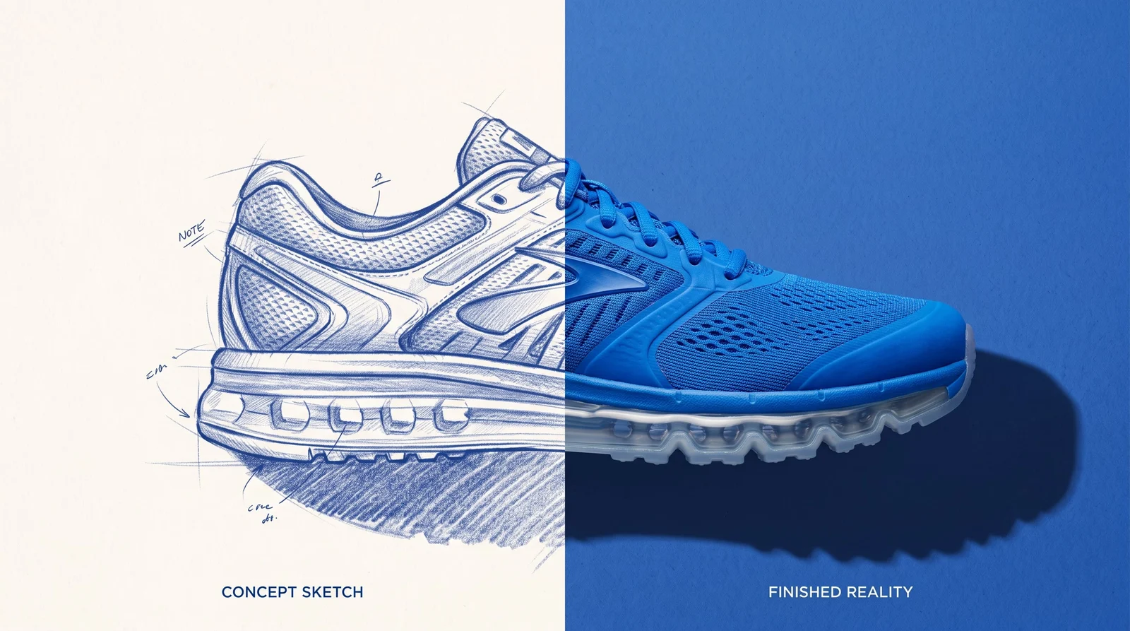 A running shoe concept evolving from a blue sketch to a finished image