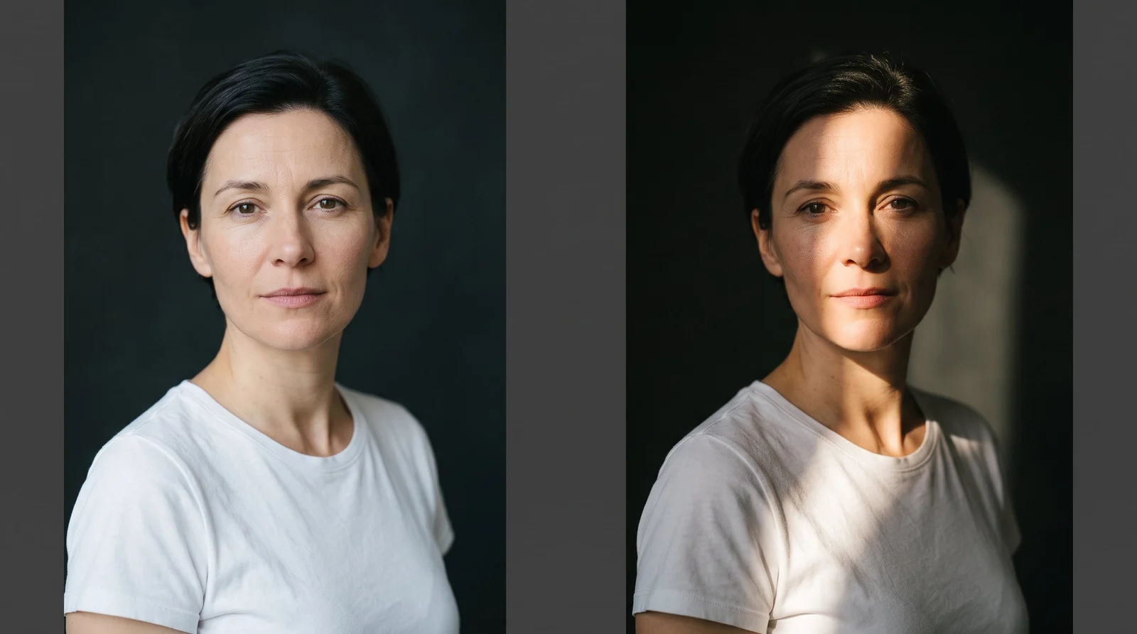 The same portrait with cool daylight and warm evening lighting