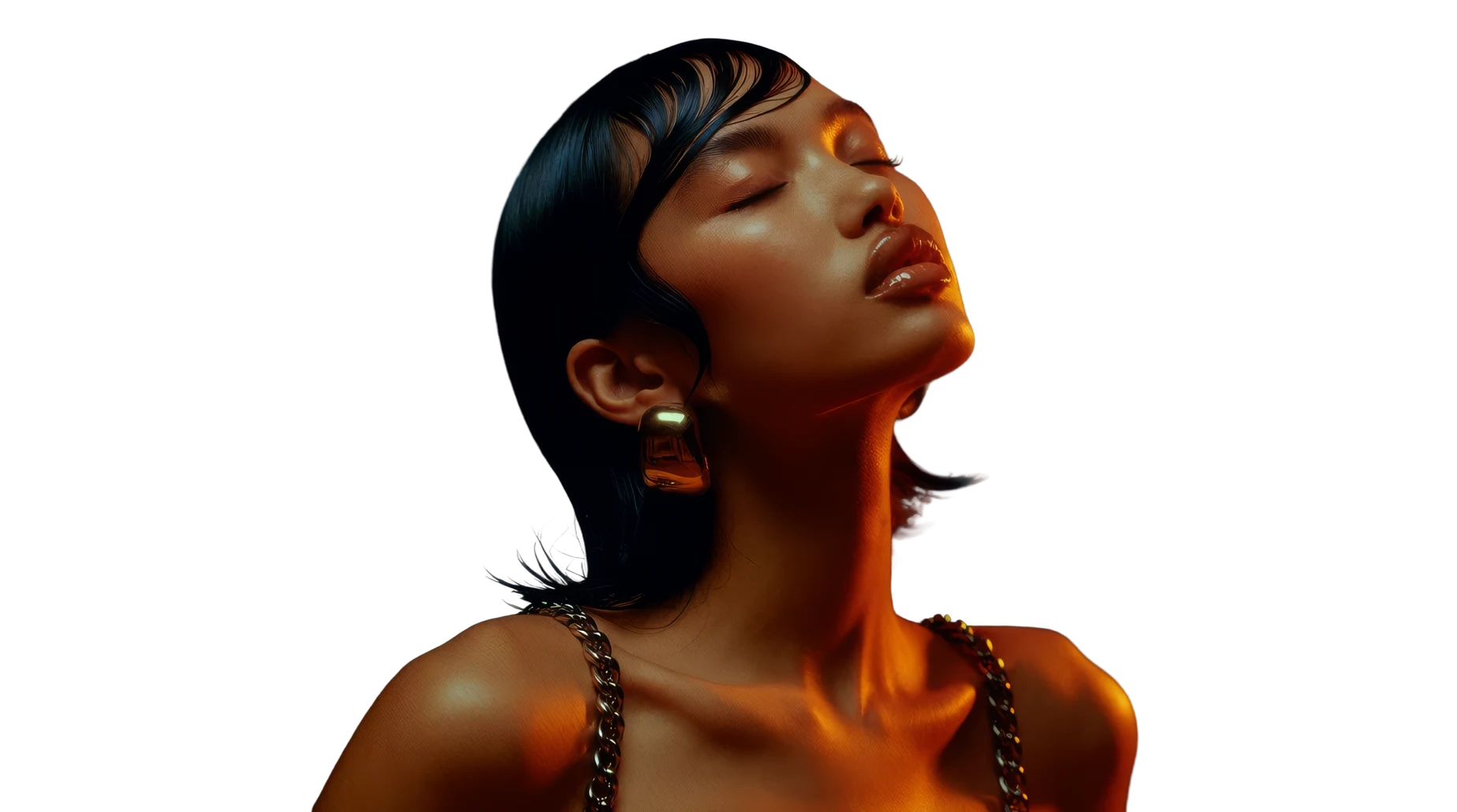 A cinematic portrait illuminated by dramatic amber and teal light