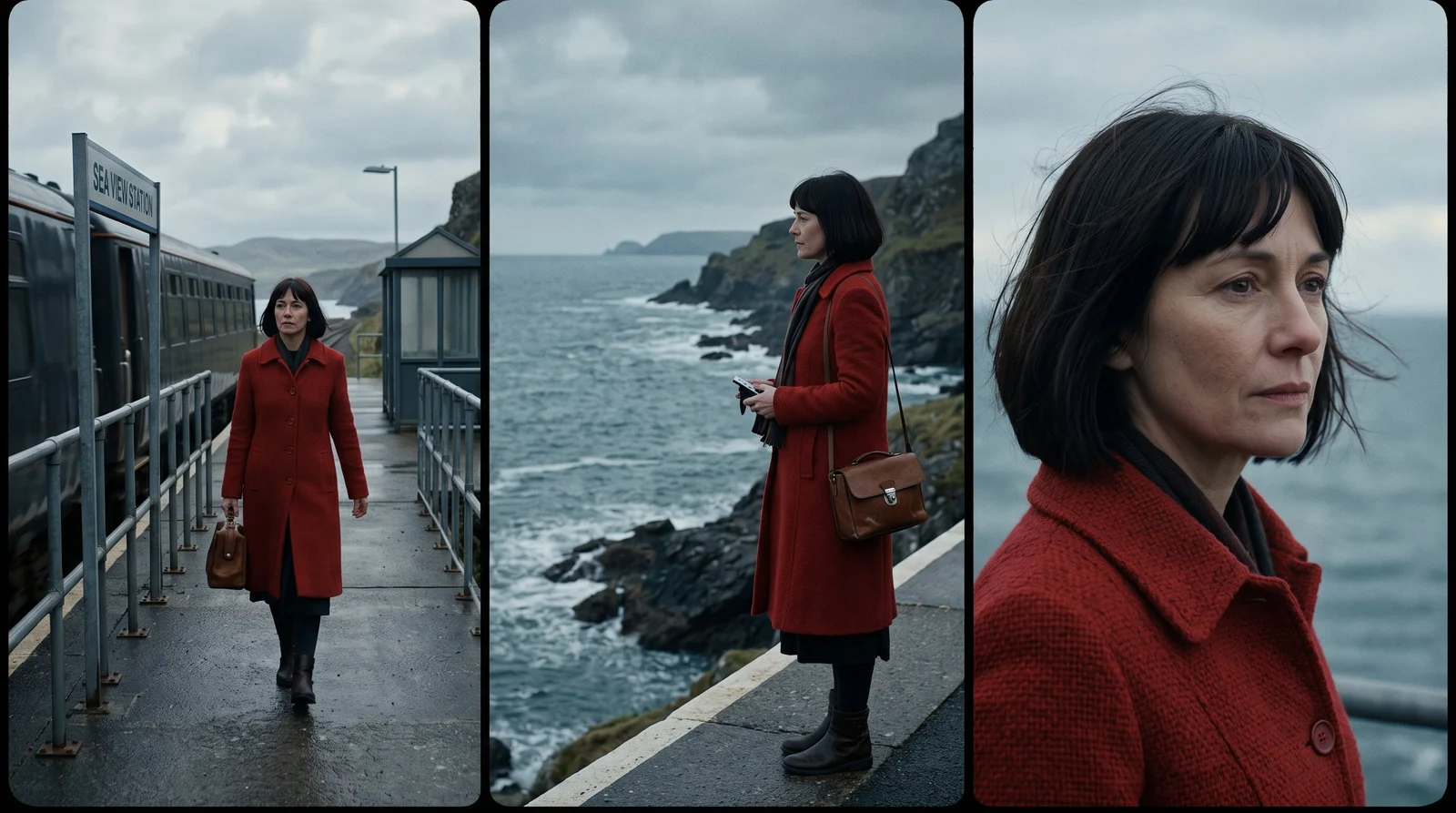 Wide, medium, and close-up shots of one character at a seaside station