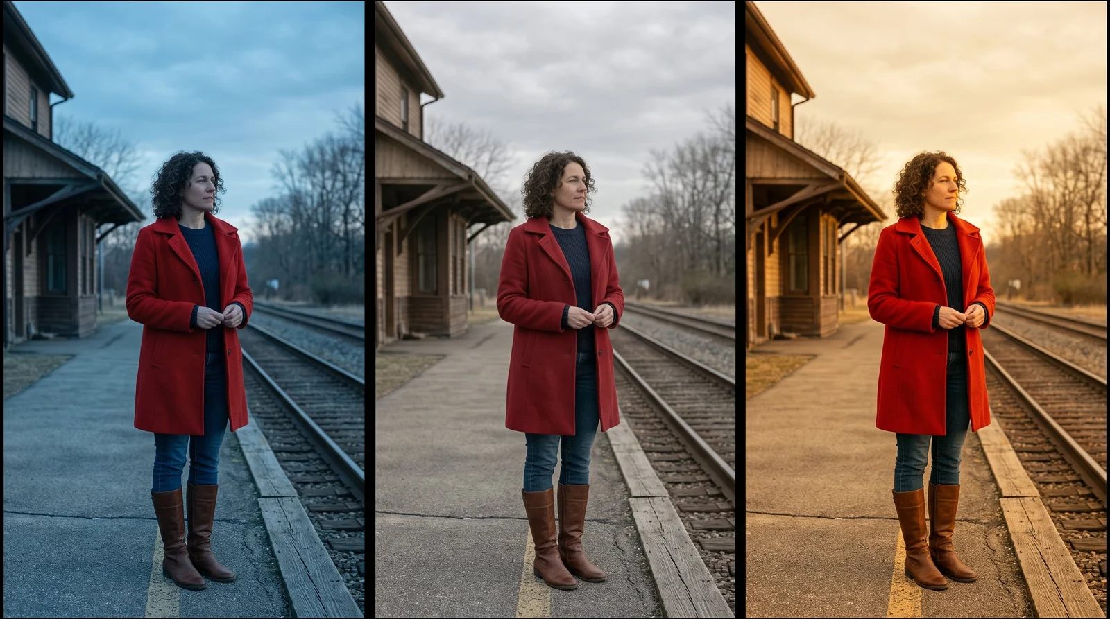 The same railway-platform scene explored in three lighting and color treatments
