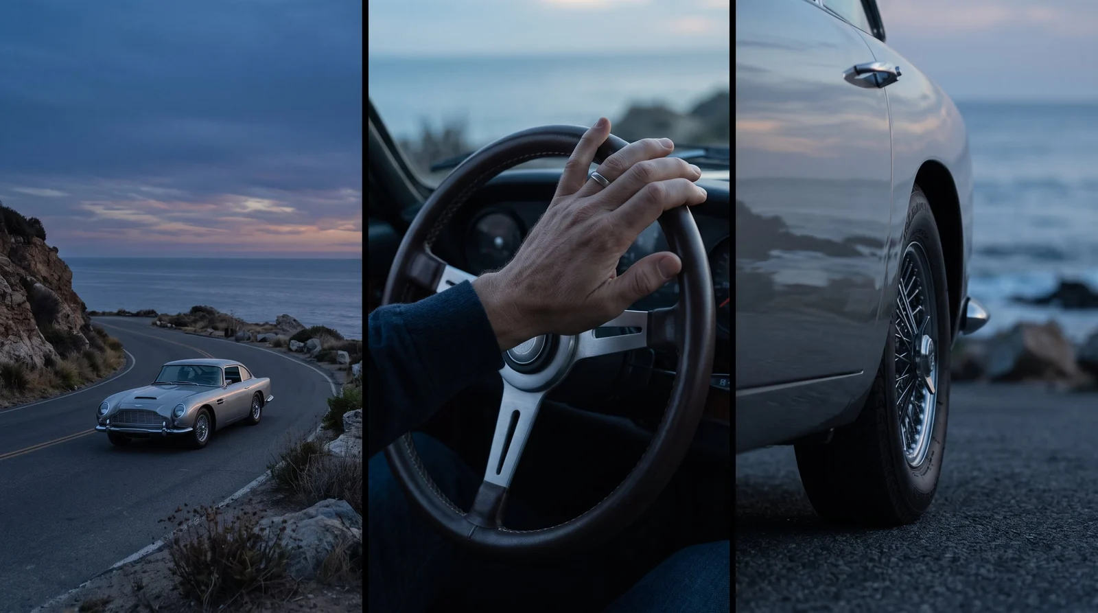 Cinematic car sequence with an establishing shot, driver insert, and wheel detail