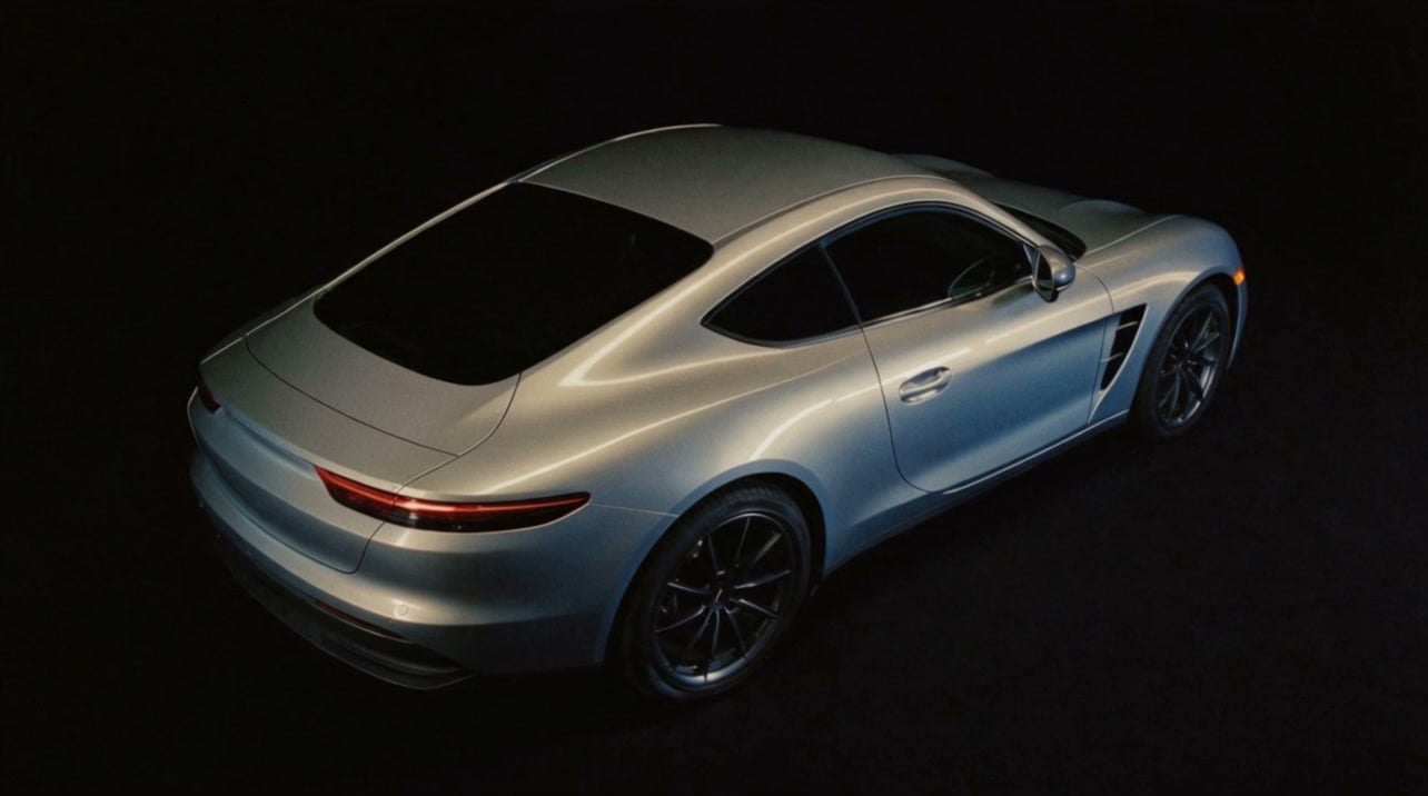 A silver sports coupe illuminated by passing white, cyan, and magenta reflections against black