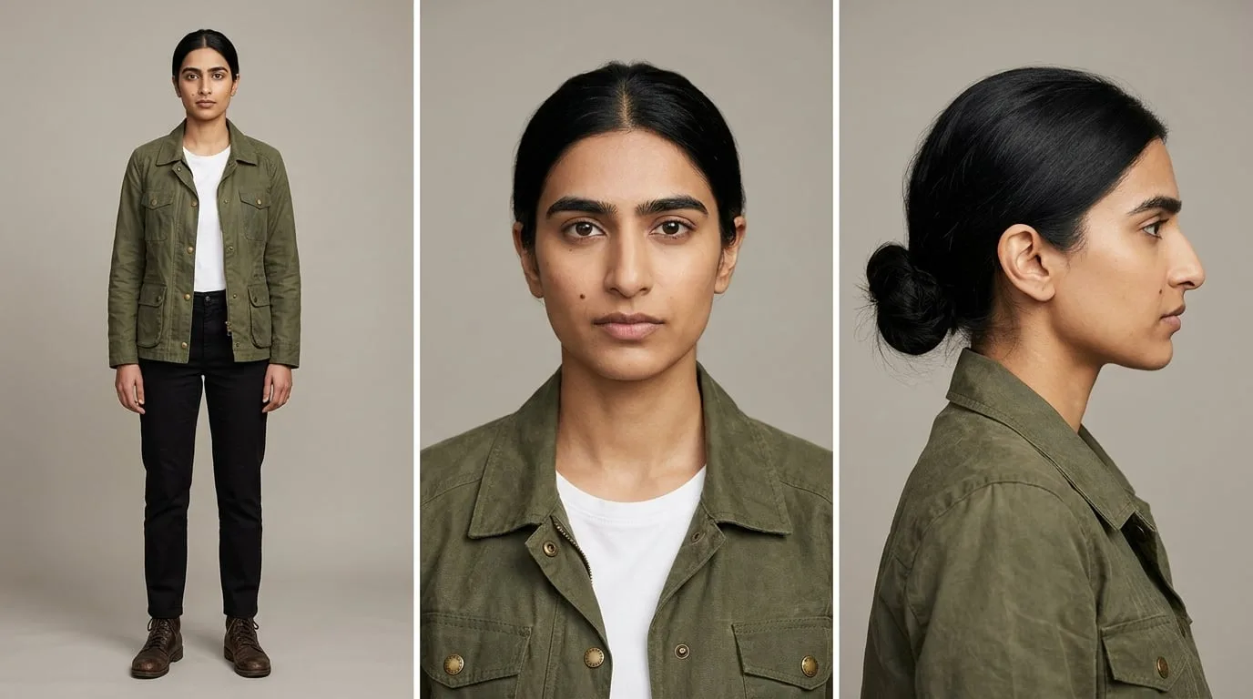 Three-panel character reference sheet on a grey studio backdrop: full body, front portrait and right profile of a woman in a moss-green field jacket.