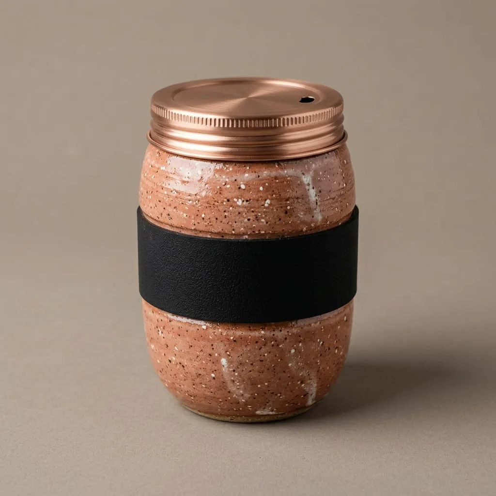 Studio product shot of a speckled terracotta ceramic travel mug with a brushed copper screw lid and a matte black grip band.