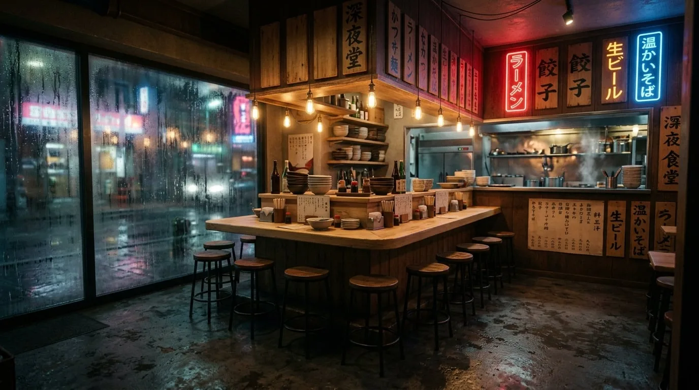An empty late-night noodle bar with a pale wood counter, red and blue neon signage and rain streaking the front window.
