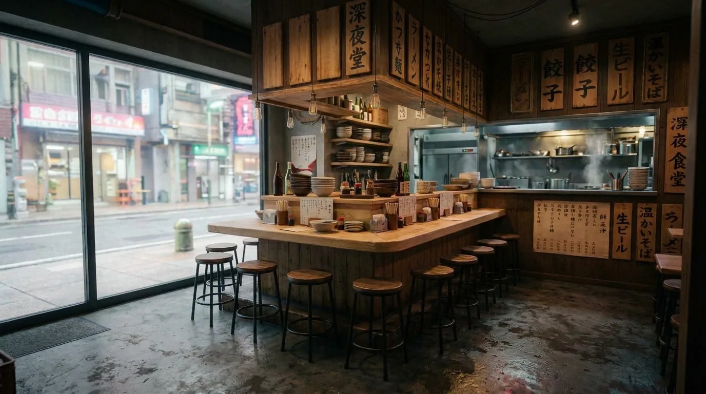 The same noodle bar from the same camera position at mid-morning, neon off, dry street outside the window.