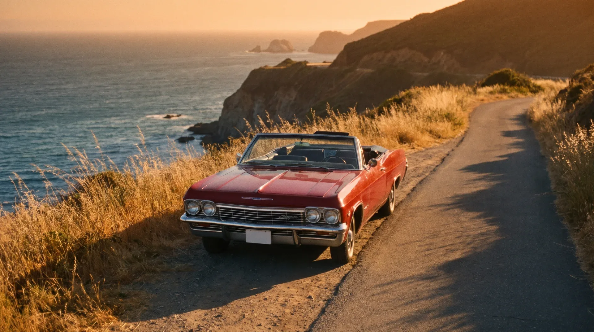 Start frame: a red 1960s convertible on a cliffside coastal road at golden hour, generated on Krea
