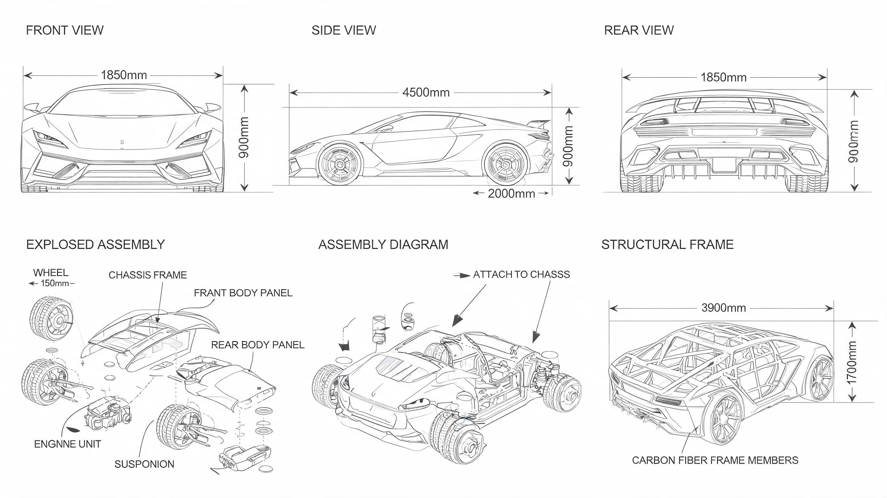 Multi-View Sports-Car Blueprint example render