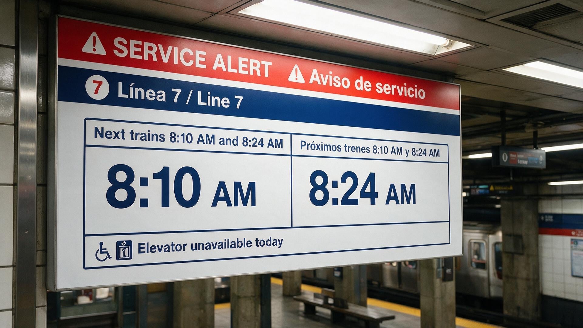 Seedream 5.0 Pro render of a bilingual subway notice with clear English and Spanish text, route symbols, time blocks, and public-sign hierarchy.