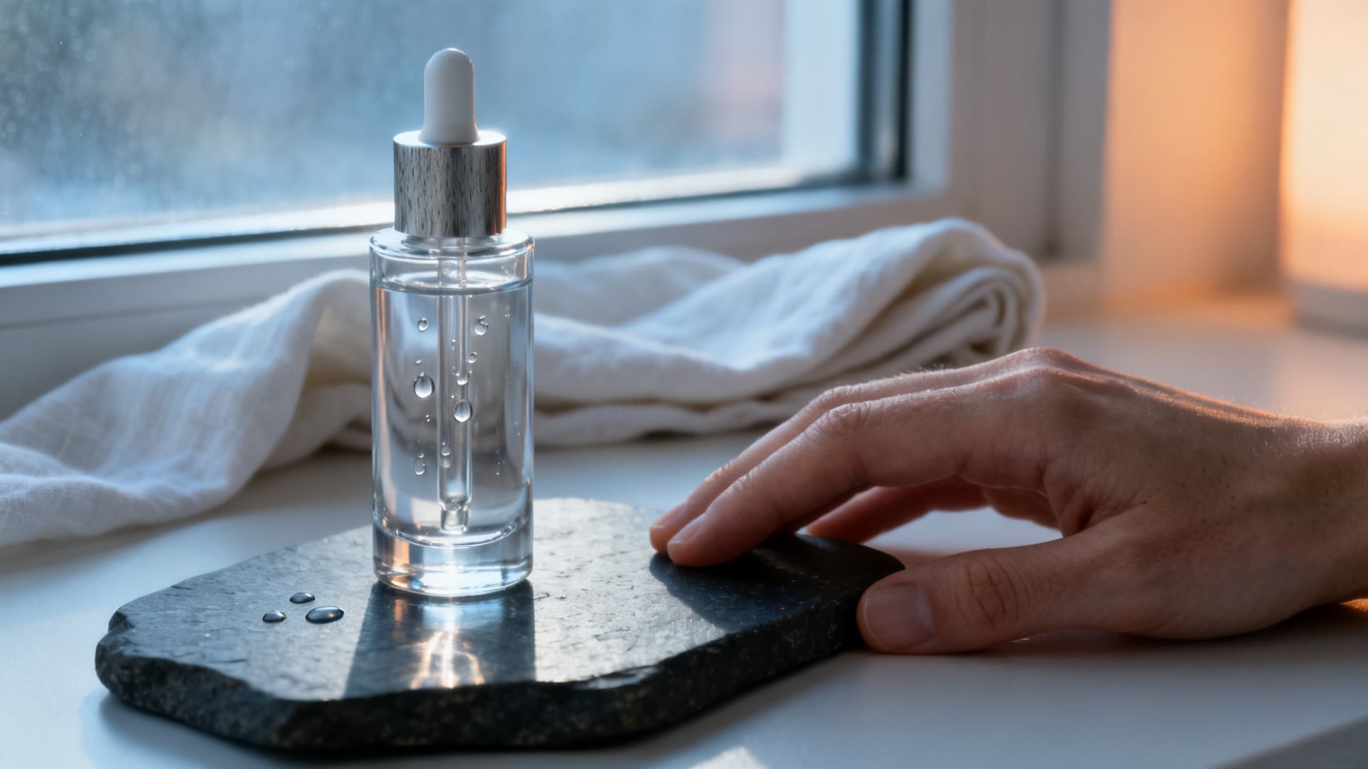 Seedream 4.0 render of the same skincare campaign still life brief, with the same bottle, hand, stone surface, and lighting setup.