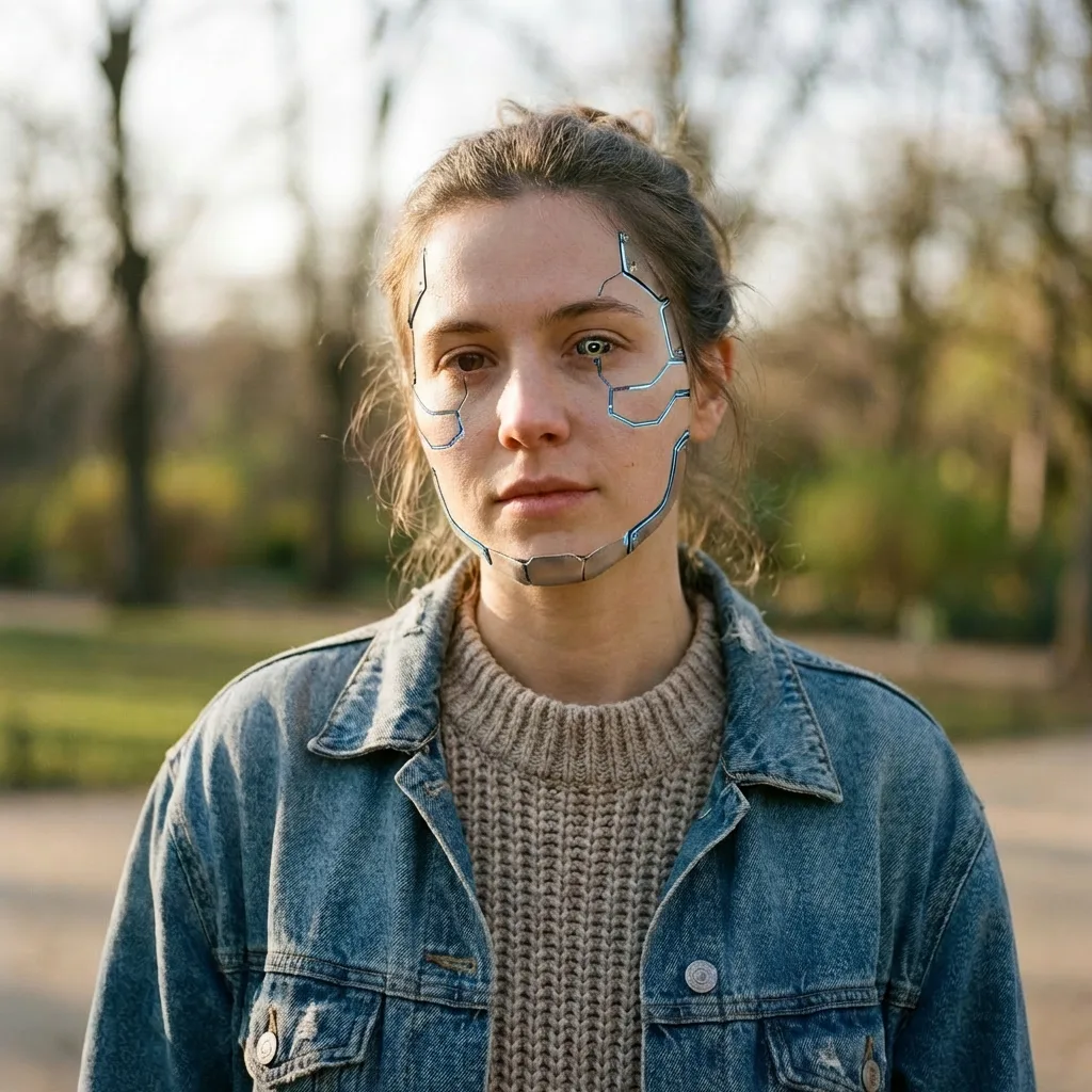 AI face swap after image: same outdoor portrait with a cyberpunk heroine face style.