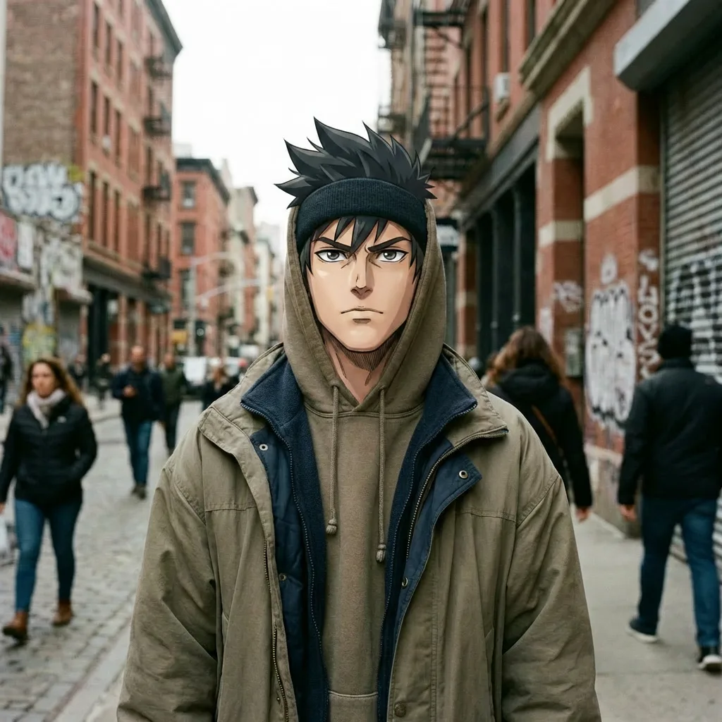 AI face swap after image: same street portrait with an anime-inspired hero face style.