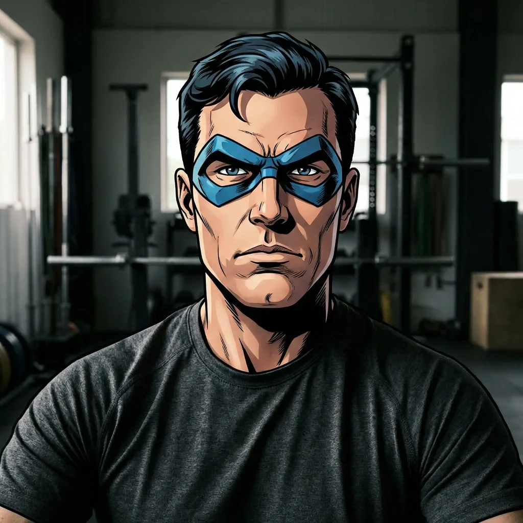 AI face swap after image: same gym portrait with a superhero-style face transformation.
