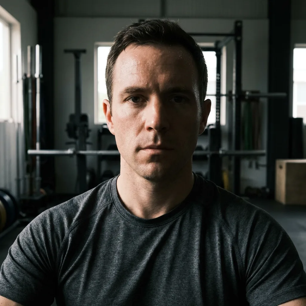AI face swap before image: athletic male portrait in a gym environment.
