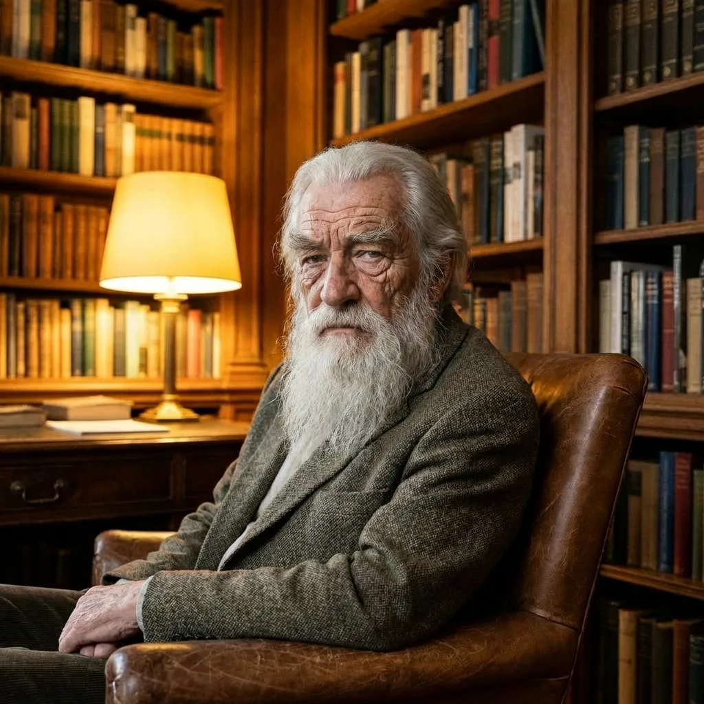 AI face swap after image: same library portrait with a wise wizard face style.