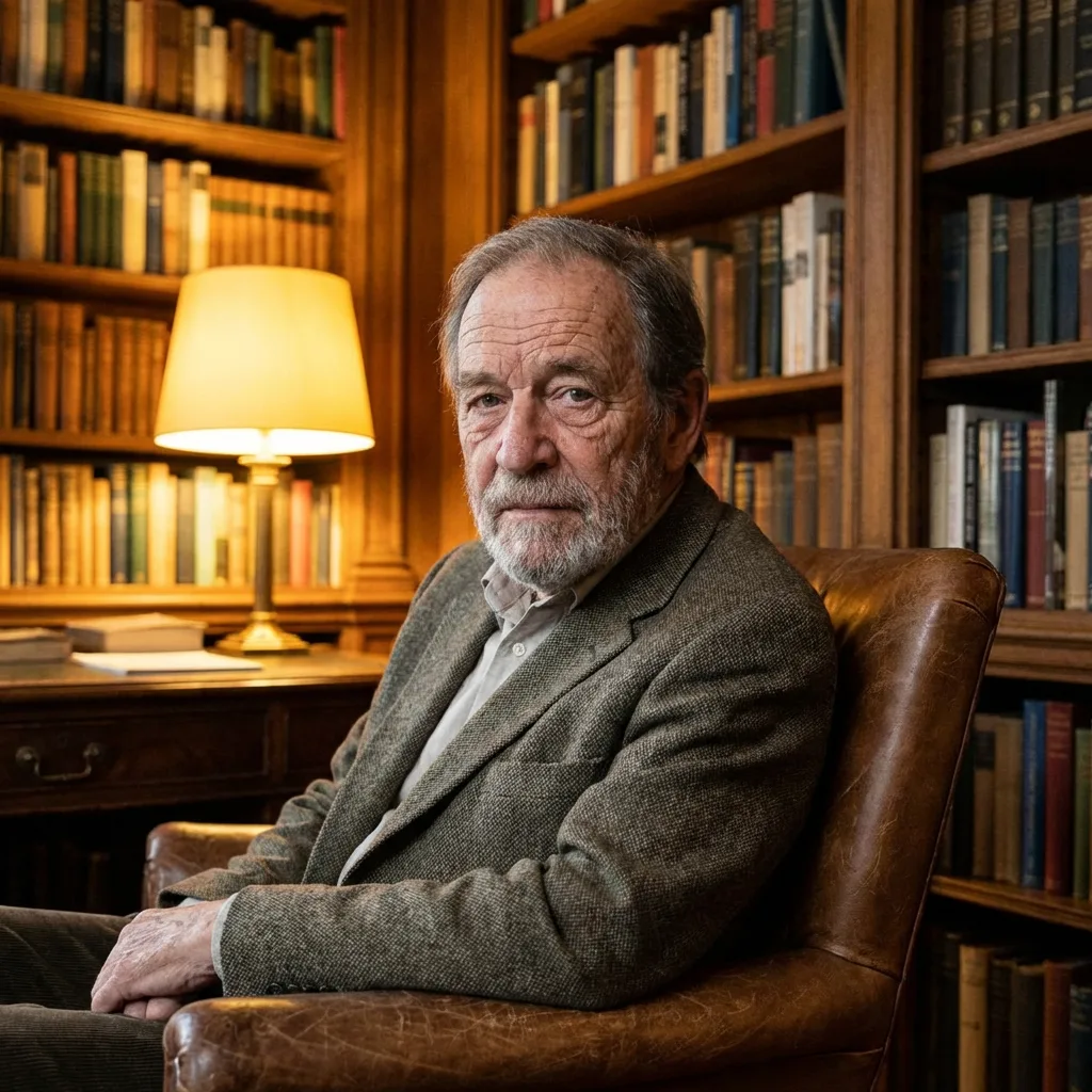 AI face swap before image: older man portrait in a warm library setting.
