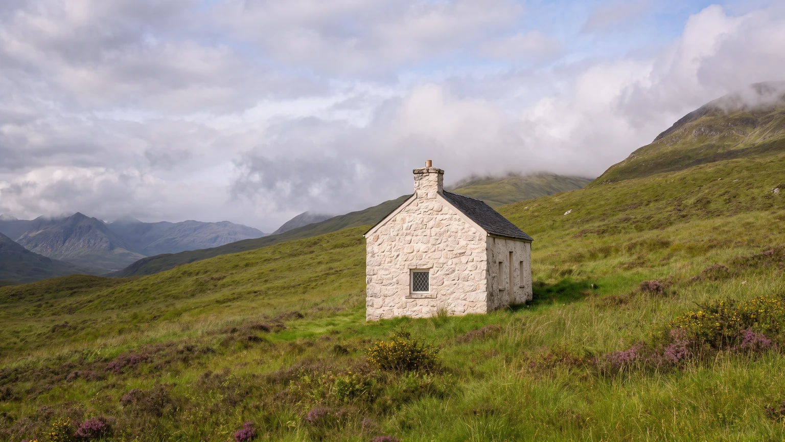 Highland cottage crop expanded into a wide mountain panorama