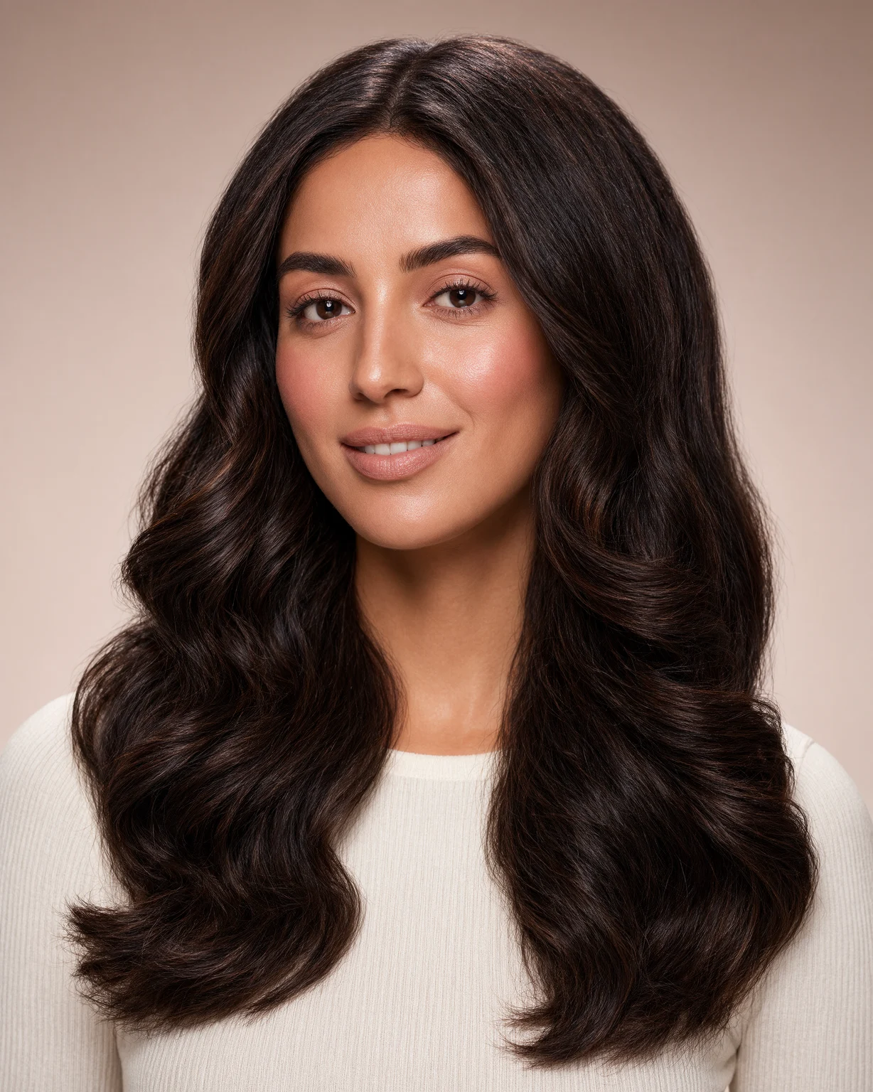 Before: Long dark brown waves changed to copper balayage