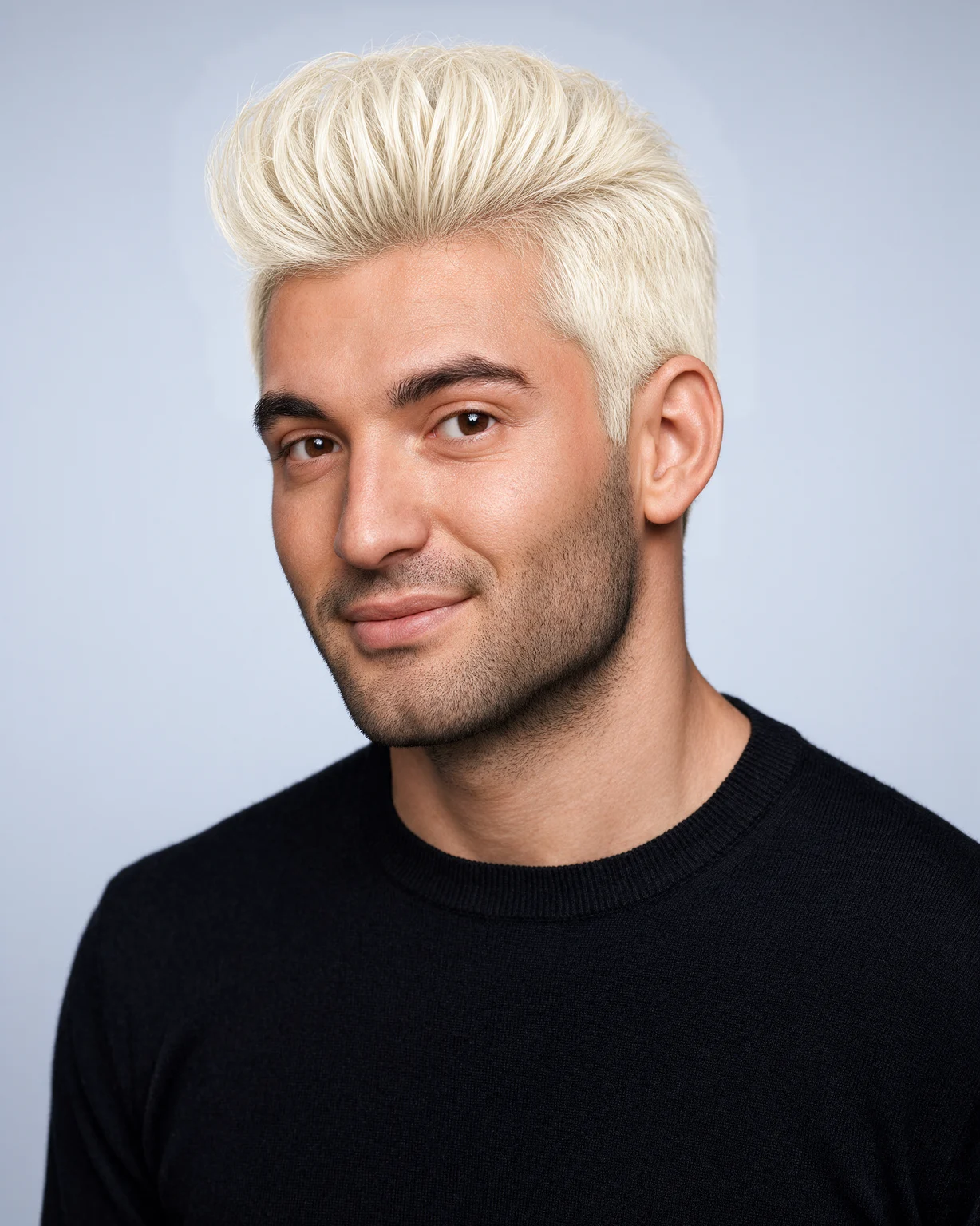 After: Black textured quiff changed to platinum blonde