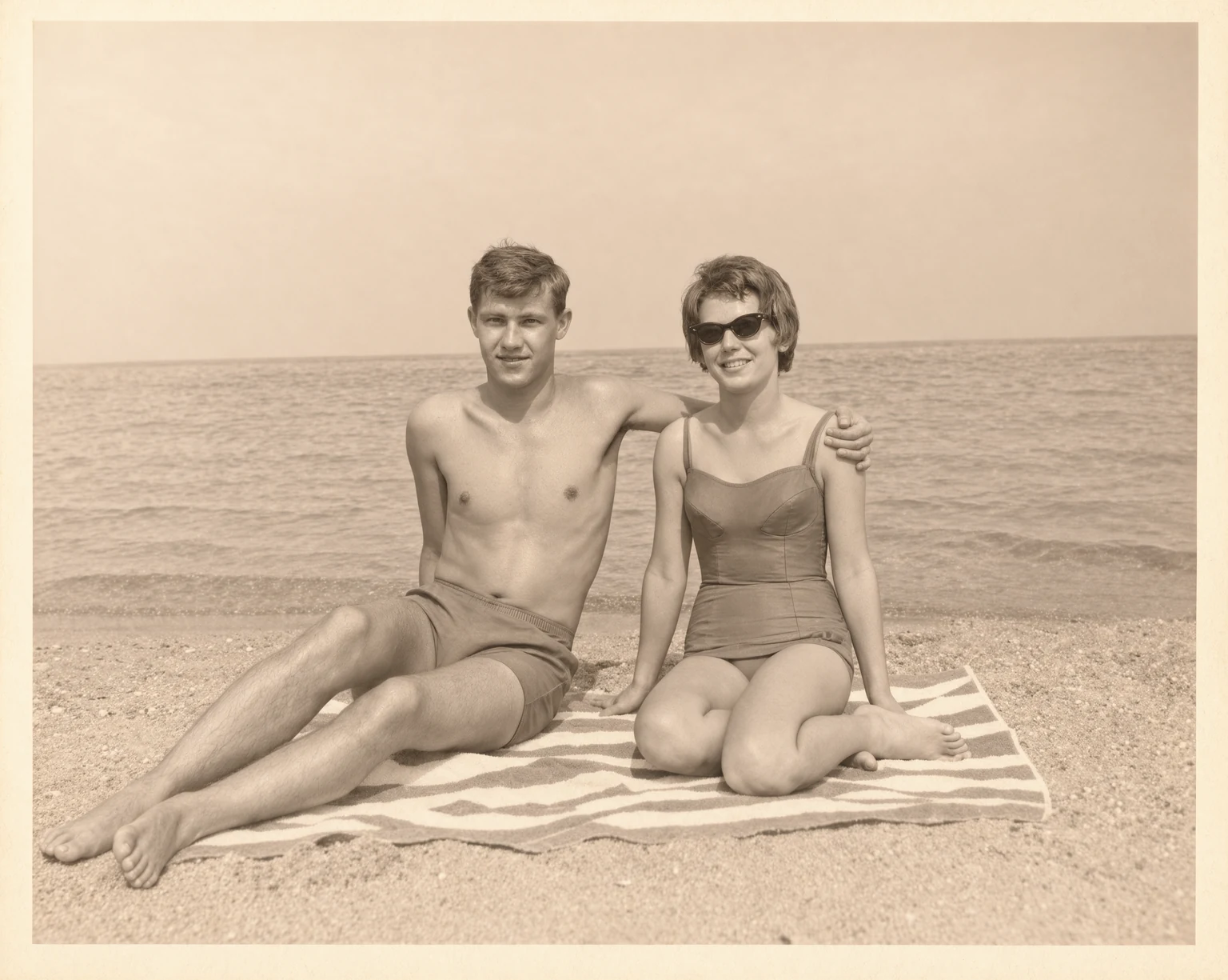 After: Faded 1960s sepia beach couple photo restored by AI