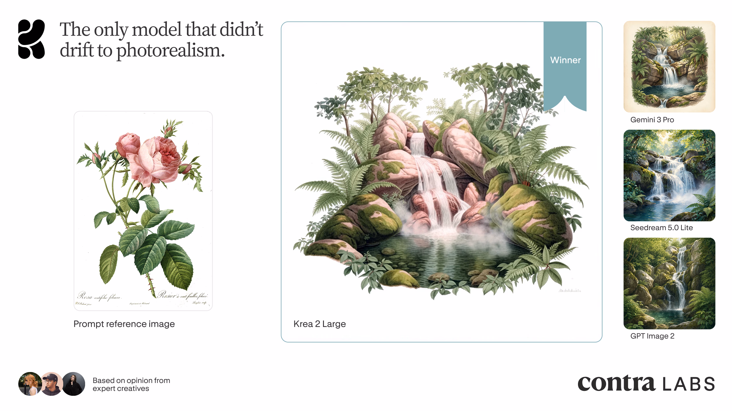 Style transfer comparison showing Krea 2 Large preserving an illustration style while other models drift toward photorealism