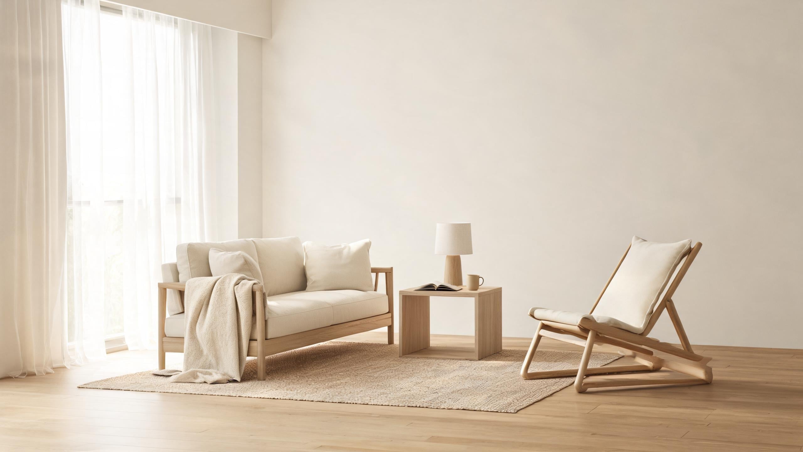 A Scandinavian living room with pale wood furniture, a wool throw, linen curtains, a woven rug, and a few everyday objects in soft daylight.