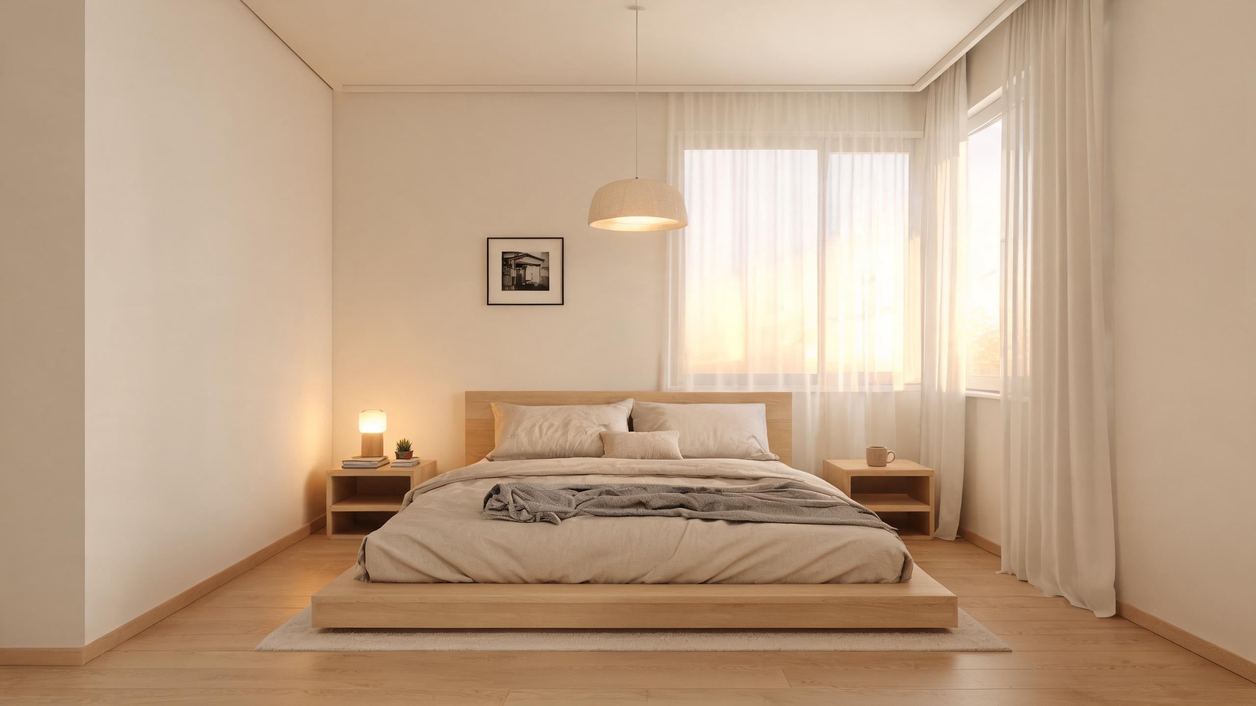 A Scandinavian bedroom with a platform bed, pale walls, linen bedding, a wool throw, layered lighting, and restrained decor in soft evening light.