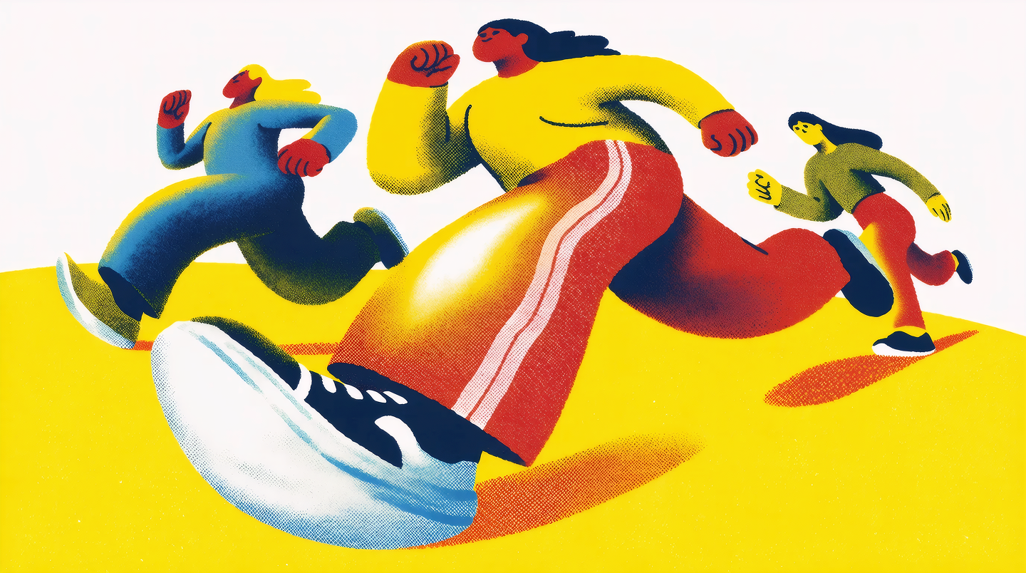 People running, exaggerated wide-angle risograph poster, generated with Krea 2